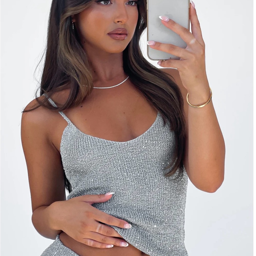 White Fox Love Galore Sequin Knit Top grey/ silver